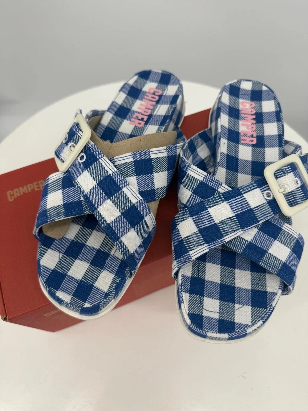 Camper Atonic Navy Gingham Platform Slides Buckle Plaid Sandals EU 37 US7 New - Picture 5 of 16